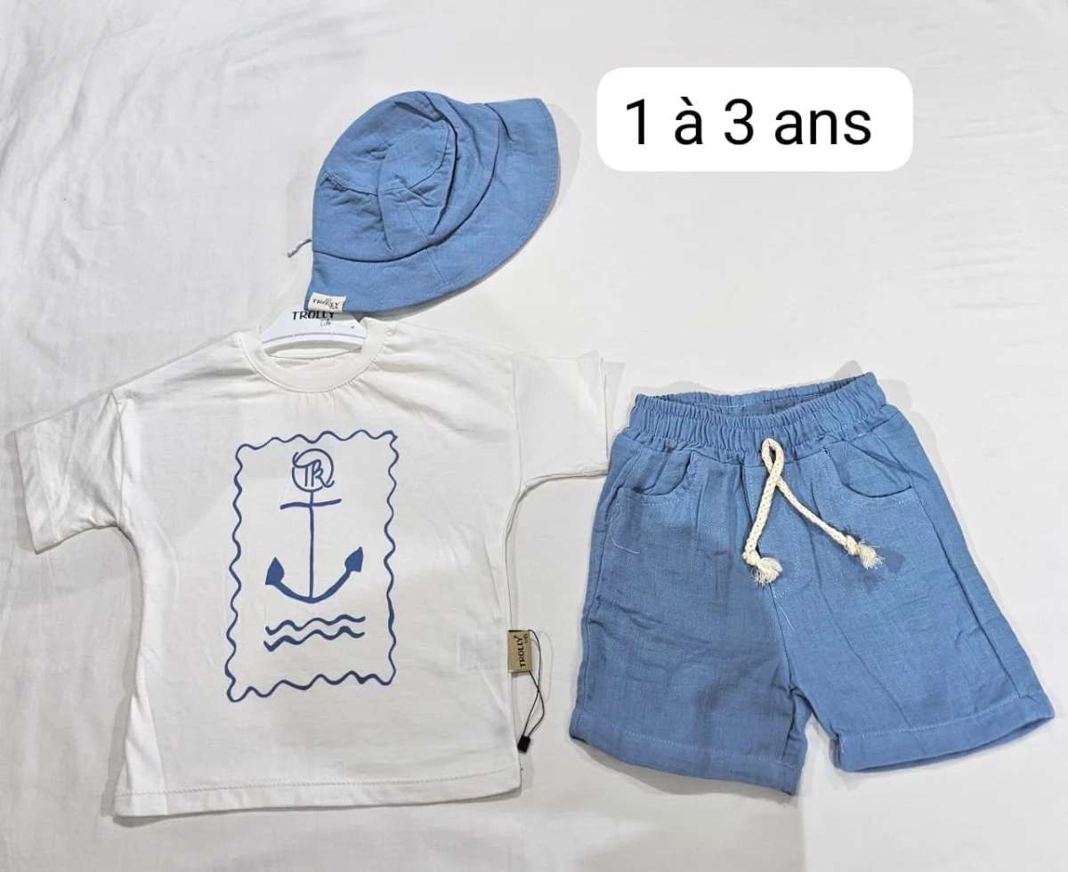 Ensemble short lin garçon 3 pièces avec chapeau